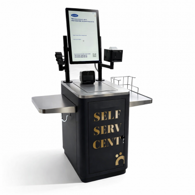 Каса самообслуговування з вбудованою вагою з кронштейнами та технікою на фото