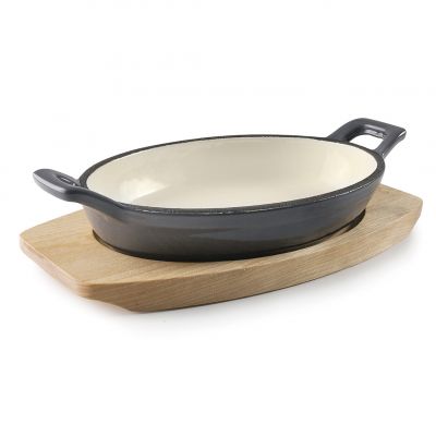 25842 Пательня чавунна емальована з двома ручками 17,5х12,5х3 см, на дерев'яній підставці