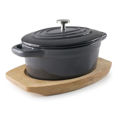 25847 Каструля чавунна овальна з кришкою13х10х5 см на дерев'яній підставці