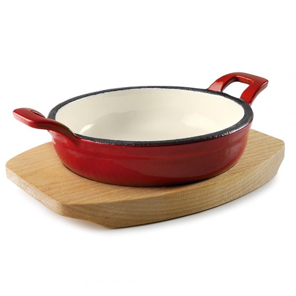 25851 Пательня чавунна емальована з двома ручками d-12 см на дерев'яній  підставці