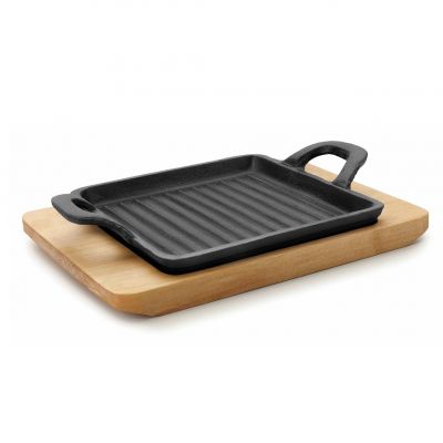 25875 Пательня чавунна з двома ручками 19,5х14х1,7 см  на дерев'яній підставці