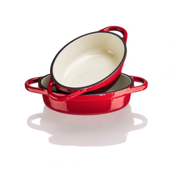 25852 Пательня чавунна емальована з двома ручками17,5х12,5х3 см на дерев'яній підставці